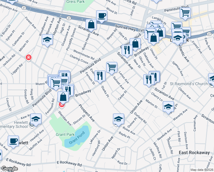 map of restaurants, bars, coffee shops, grocery stores, and more near 2A Duryea Place in Lynbrook