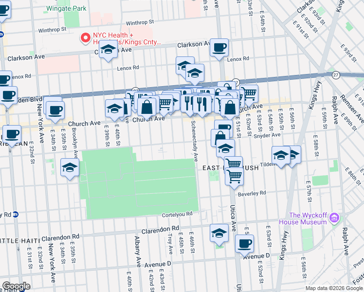 map of restaurants, bars, coffee shops, grocery stores, and more near 471 East 45th Street in Brooklyn