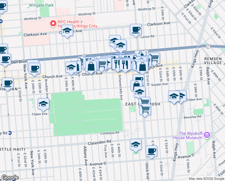 map of restaurants, bars, coffee shops, grocery stores, and more near 471 East 45th Street in Brooklyn