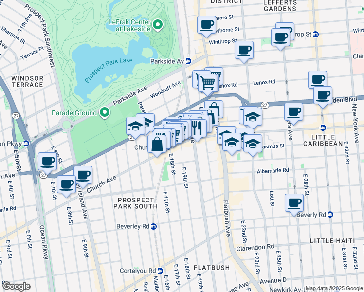 map of restaurants, bars, coffee shops, grocery stores, and more near 1911 Church Avenue in Brooklyn