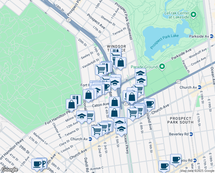 map of restaurants, bars, coffee shops, grocery stores, and more near 118 East 5th Street in Brooklyn