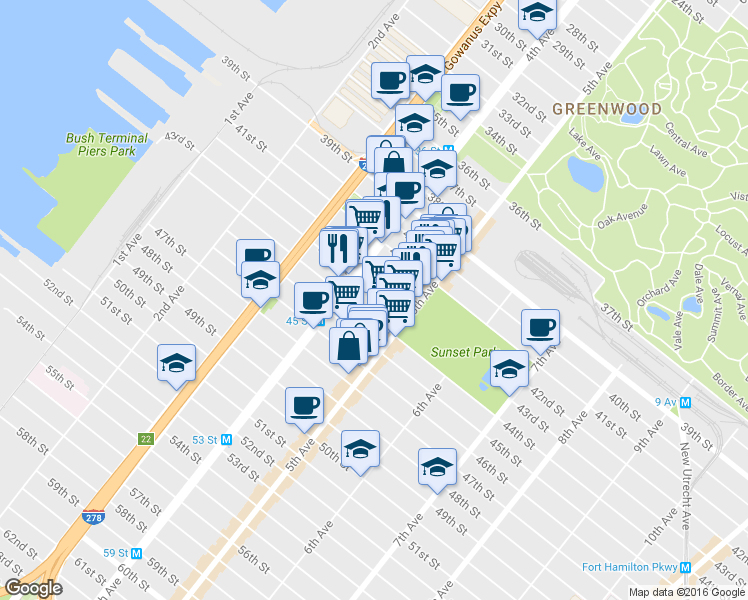 map of restaurants, bars, coffee shops, grocery stores, and more near 440 42nd Street in Brooklyn