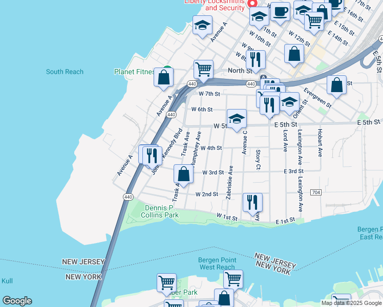 map of restaurants, bars, coffee shops, grocery stores, and more near 111 West 4th Street in Bayonne