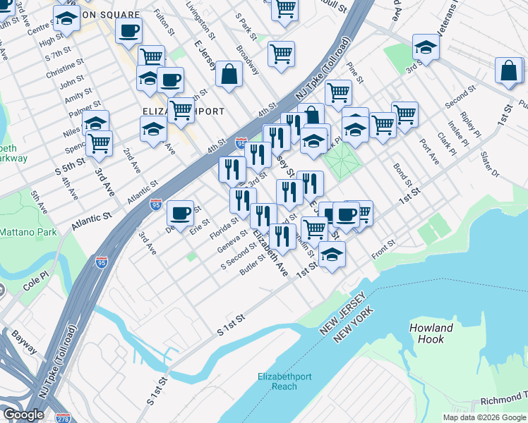 map of restaurants, bars, coffee shops, grocery stores, and more near 241 Marshall Street in Elizabeth