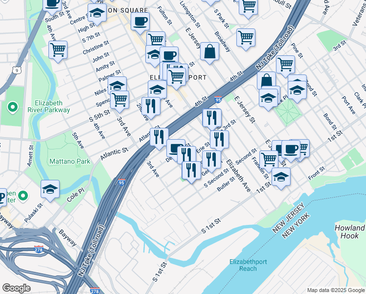 map of restaurants, bars, coffee shops, grocery stores, and more near 40 LT Glenn Zamorski Drive in Elizabeth