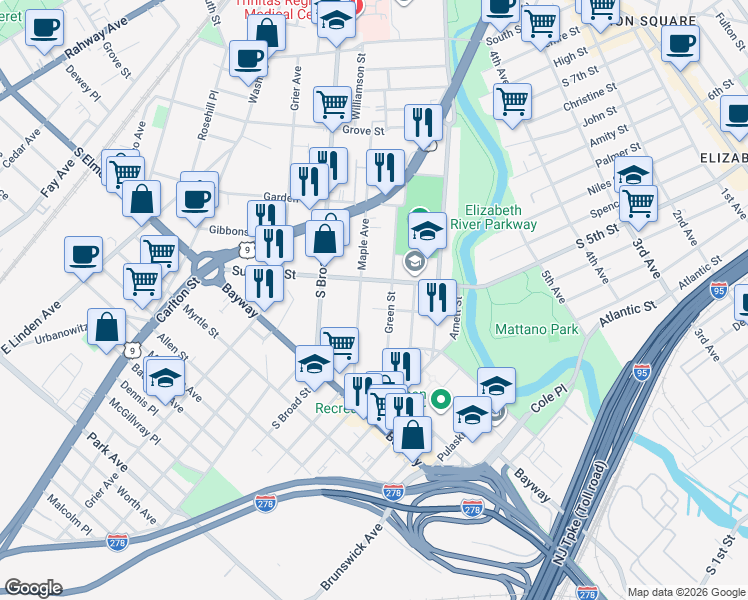 map of restaurants, bars, coffee shops, grocery stores, and more near 652-654 Summer Street in Elizabeth