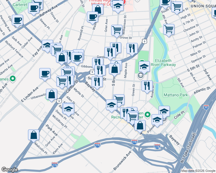 map of restaurants, bars, coffee shops, grocery stores, and more near 10 General Karge Court in Elizabeth