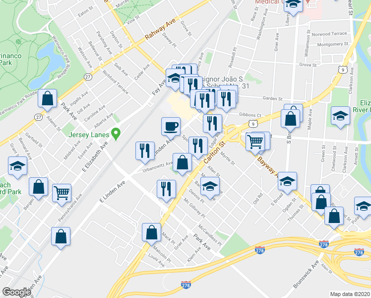 map of restaurants, bars, coffee shops, grocery stores, and more near 937 Spofford Avenue in Elizabeth