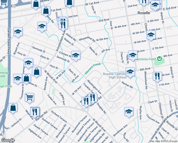 map of restaurants, bars, coffee shops, grocery stores, and more near 33 Independence Drive in Roselle