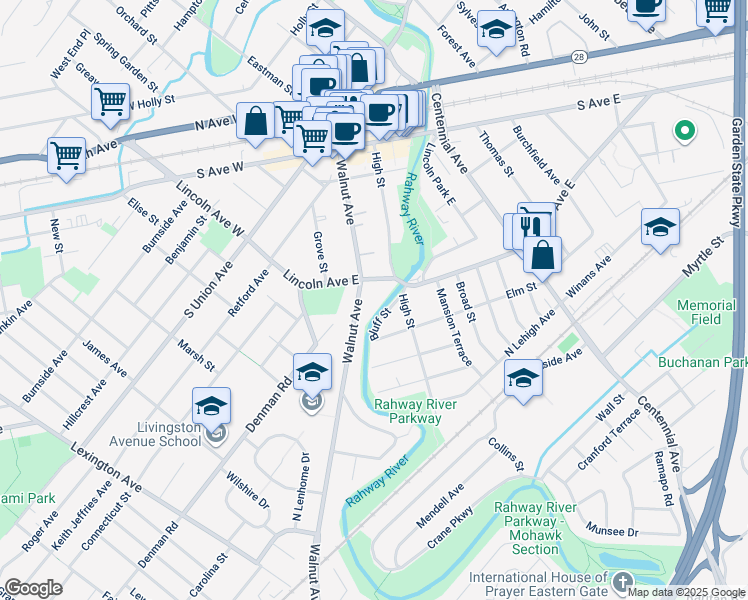 map of restaurants, bars, coffee shops, grocery stores, and more near 312 Lincoln Avenue East in Cranford