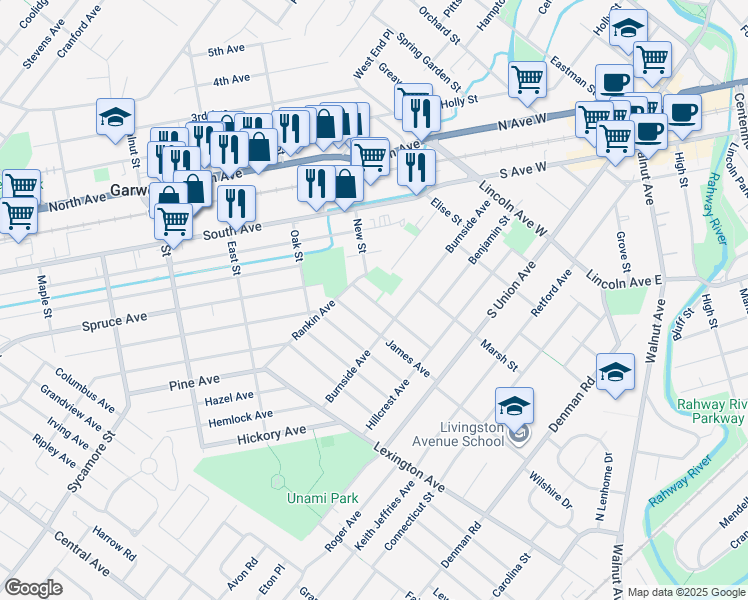 map of restaurants, bars, coffee shops, grocery stores, and more near 122 New Street in Cranford