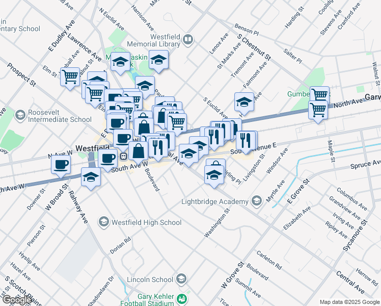 map of restaurants, bars, coffee shops, grocery stores, and more near 401 South Elmer Street in Westfield