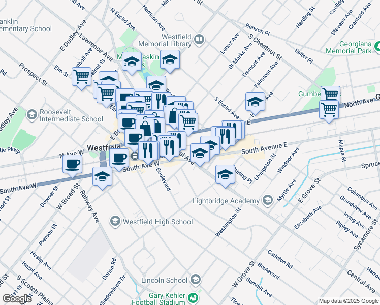 map of restaurants, bars, coffee shops, grocery stores, and more near 115 New Street in Westfield
