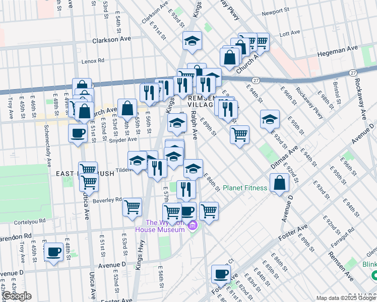 map of restaurants, bars, coffee shops, grocery stores, and more near 165 East 59th Street in Brooklyn