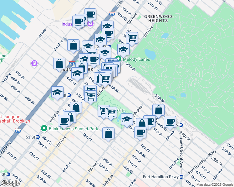 map of restaurants, bars, coffee shops, grocery stores, and more near 560 40th Street in Brooklyn