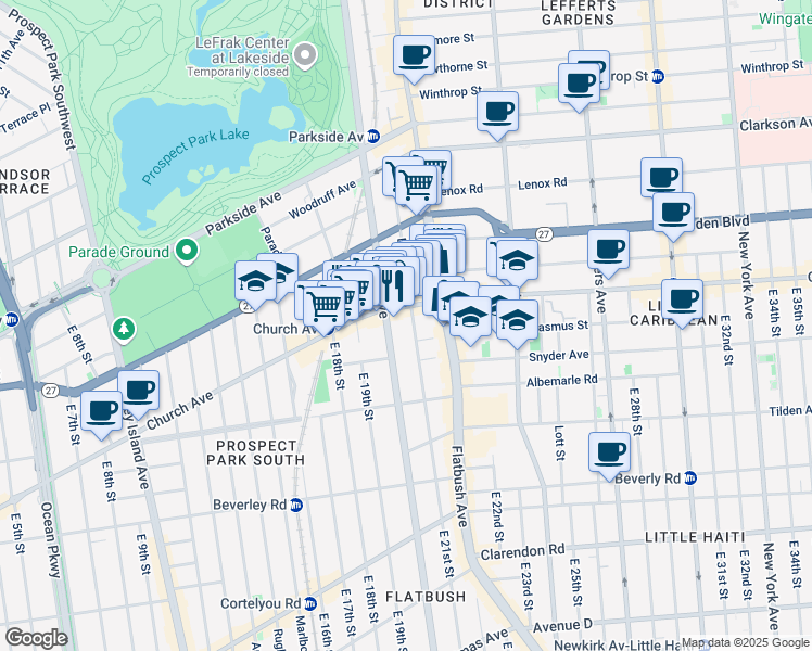 map of restaurants, bars, coffee shops, grocery stores, and more near 190 East 21st Street in Brooklyn