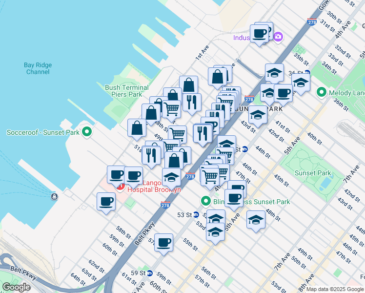 map of restaurants, bars, coffee shops, grocery stores, and more near 238 47th Street in Brooklyn
