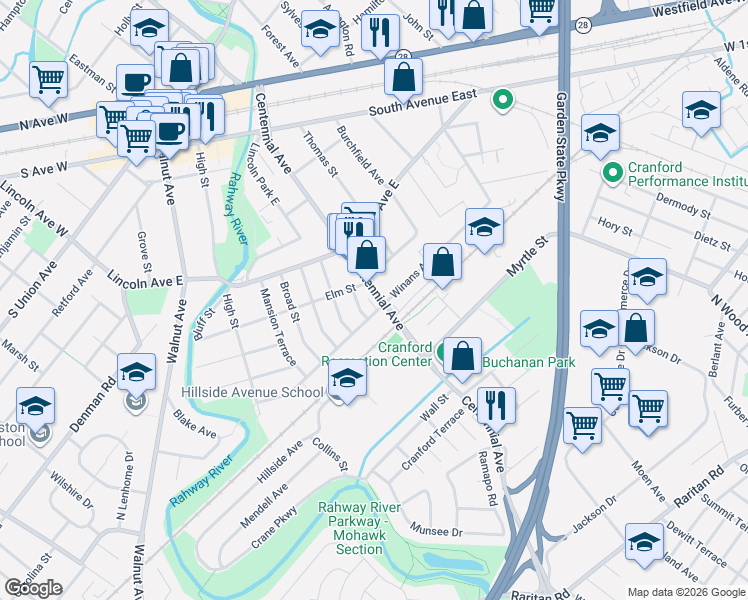 map of restaurants, bars, coffee shops, grocery stores, and more near 323 Centennial Avenue in Cranford