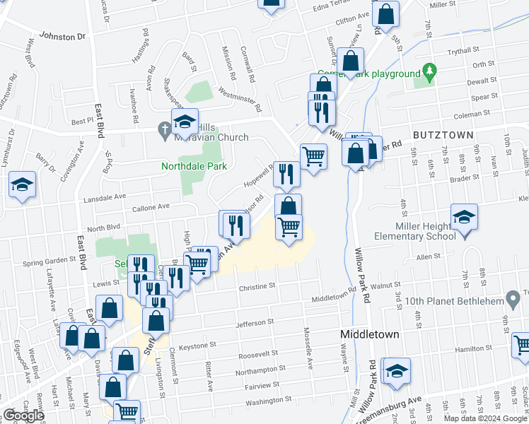 map of restaurants, bars, coffee shops, grocery stores, and more near Easton Avenue in Bethlehem