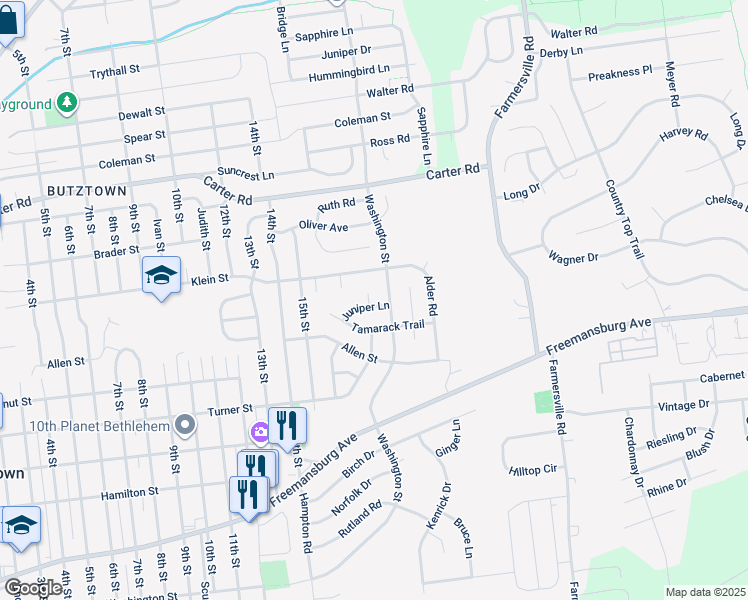 map of restaurants, bars, coffee shops, grocery stores, and more near 2220 Aspen Court in Bethlehem