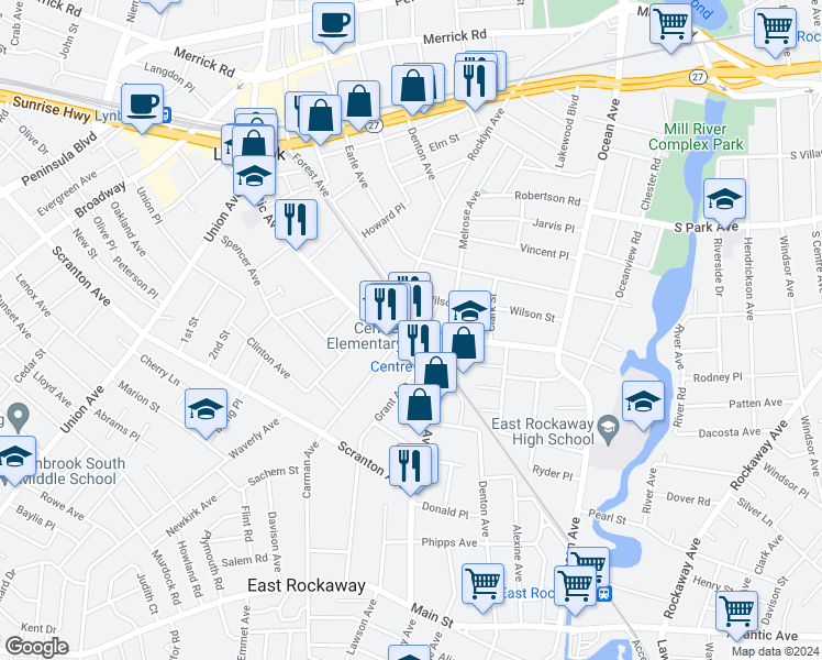 map of restaurants, bars, coffee shops, grocery stores, and more near 12 Centre Avenue in East Rockaway