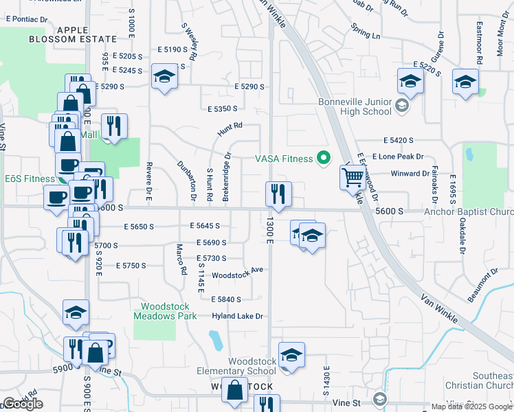 map of restaurants, bars, coffee shops, grocery stores, and more near 1267 East 5600 South in Murray