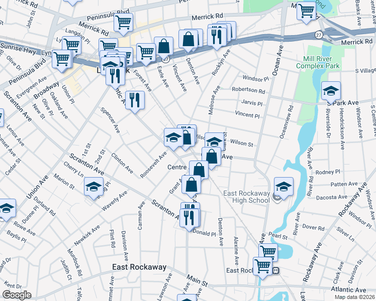 map of restaurants, bars, coffee shops, grocery stores, and more near 12 Centre Avenue in East Rockaway
