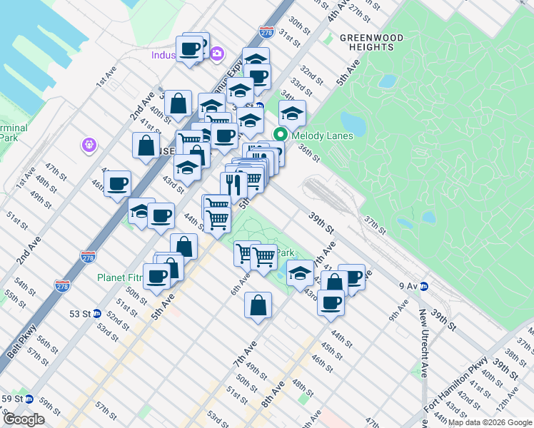 map of restaurants, bars, coffee shops, grocery stores, and more near 526 40th Street in Brooklyn