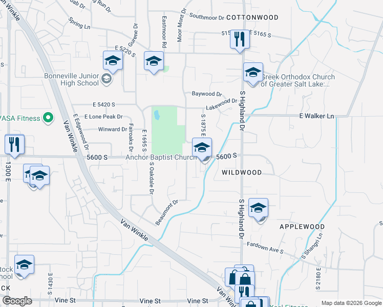 map of restaurants, bars, coffee shops, grocery stores, and more near 1864 South Cottonwood Club Drive in Holladay