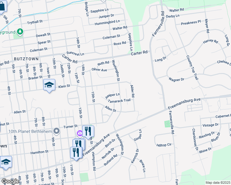 map of restaurants, bars, coffee shops, grocery stores, and more near 2220 Aspen Court in Bethlehem