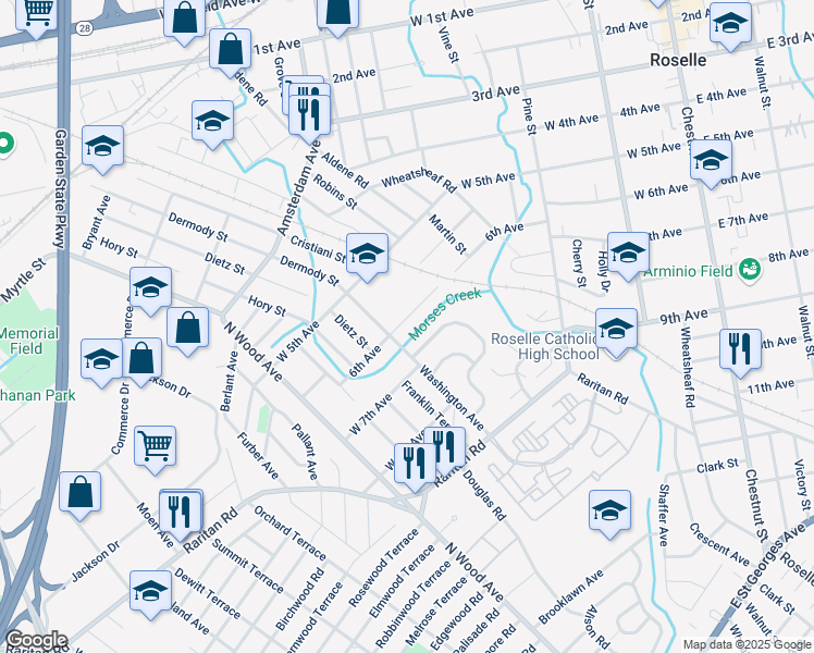 map of restaurants, bars, coffee shops, grocery stores, and more near 482 West 6th Avenue in Roselle