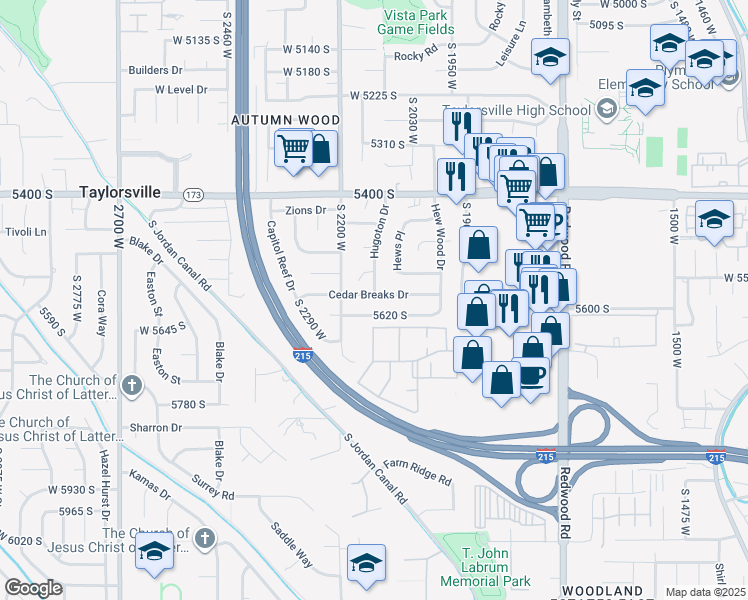 map of restaurants, bars, coffee shops, grocery stores, and more near 2127 Cedar Breaks Drive in Salt Lake City