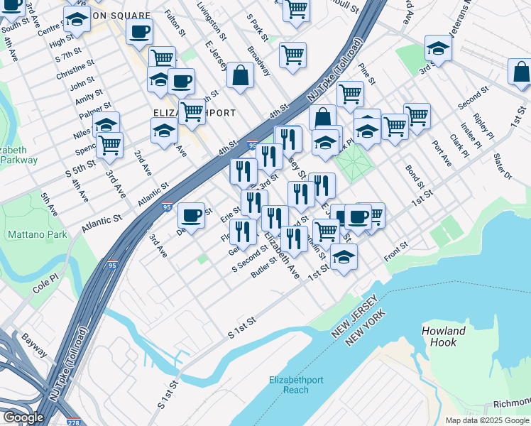 map of restaurants, bars, coffee shops, grocery stores, and more near 241 Marshall Street in Elizabeth
