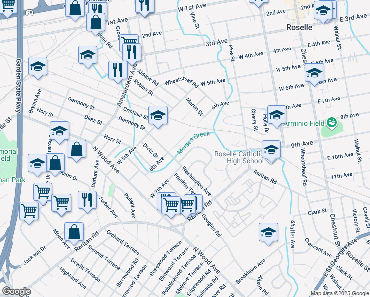 map of restaurants, bars, coffee shops, grocery stores, and more near 33 Independence Drive in Roselle