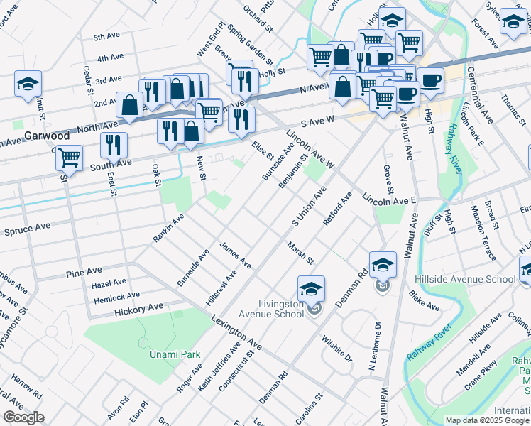 map of restaurants, bars, coffee shops, grocery stores, and more near 121 Benjamin Street in Cranford