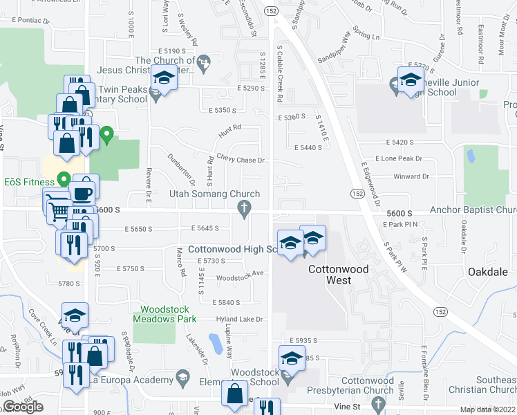 map of restaurants, bars, coffee shops, grocery stores, and more near 1269 East 5600 South in Murray