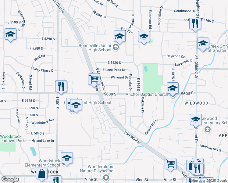 map of restaurants, bars, coffee shops, grocery stores, and more near 1573 East 5600 South in Salt Lake City