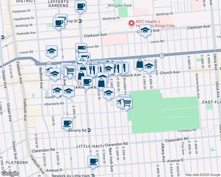 map of restaurants, bars, coffee shops, grocery stores, and more near 300 East 34th Street in Brooklyn