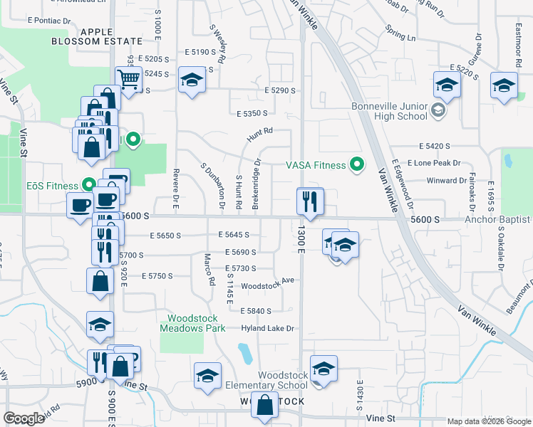 map of restaurants, bars, coffee shops, grocery stores, and more near 5562 South Brockway Street in Salt Lake City