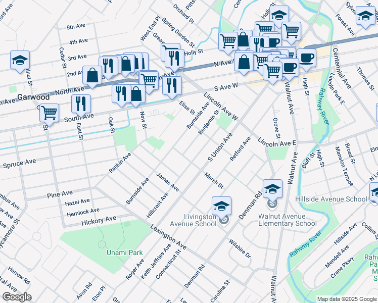 map of restaurants, bars, coffee shops, grocery stores, and more near 121 Benjamin Street in Cranford