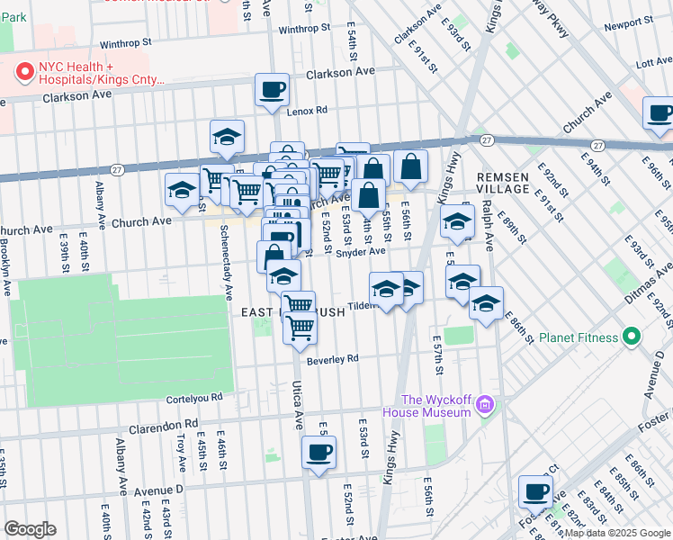 map of restaurants, bars, coffee shops, grocery stores, and more near 394 East 53rd Street in Brooklyn