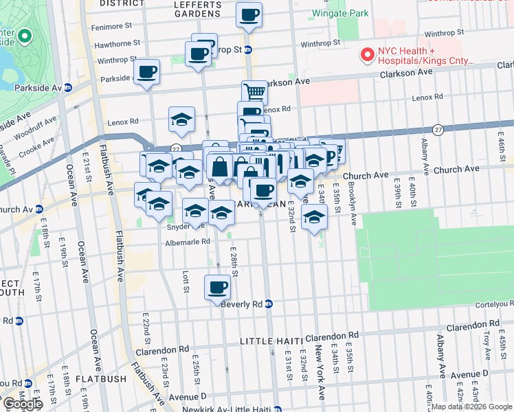 map of restaurants, bars, coffee shops, grocery stores, and more near 165 Erasmus Street in Brooklyn