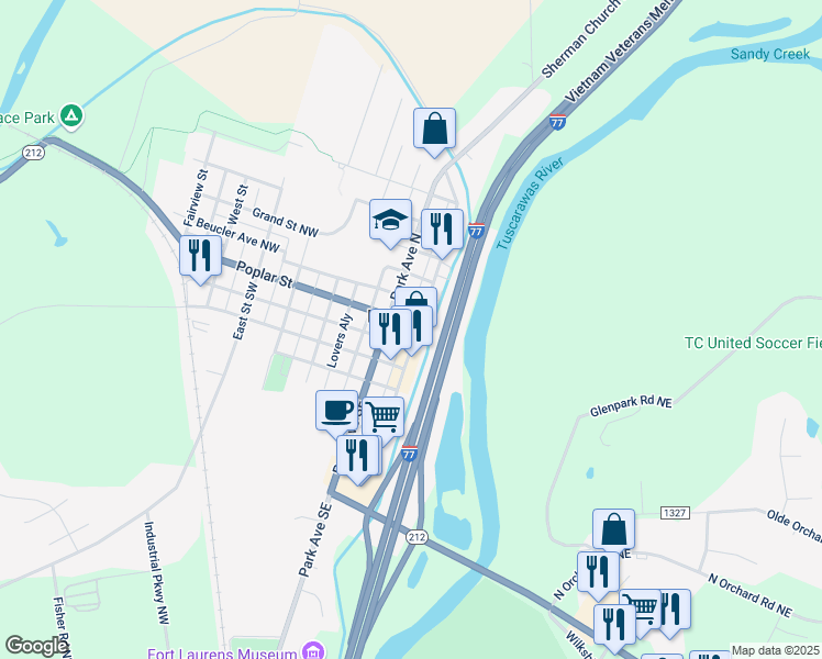 map of restaurants, bars, coffee shops, grocery stores, and more near 108 Canal Street in Bolivar