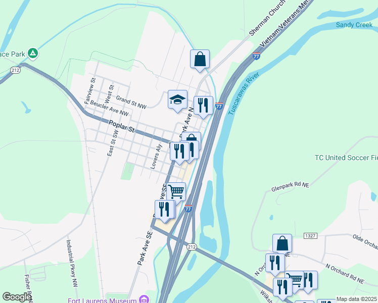 map of restaurants, bars, coffee shops, grocery stores, and more near 108 Canal Street in Bolivar