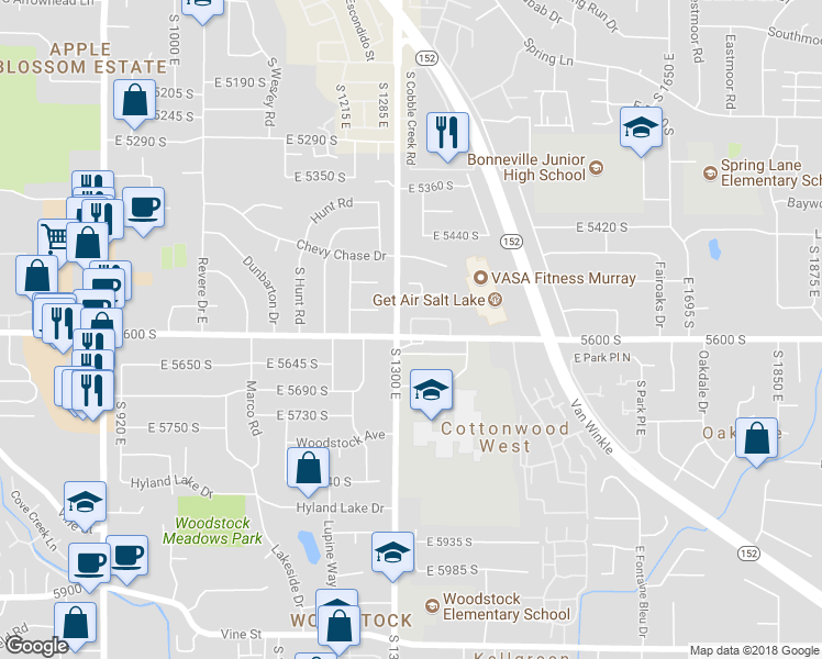 map of restaurants, bars, coffee shops, grocery stores, and more near 5588 South Farm Hill Drive in Salt Lake City