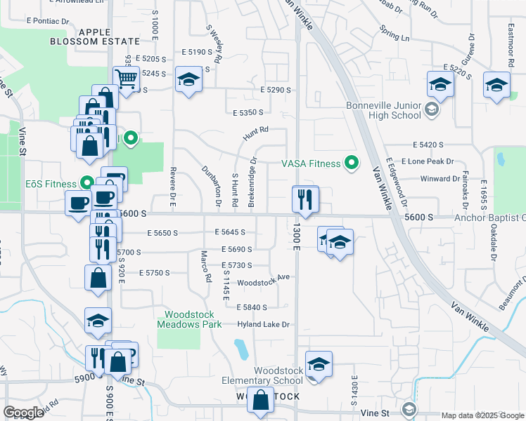 map of restaurants, bars, coffee shops, grocery stores, and more near 5586 South Brockway Street in Salt Lake City