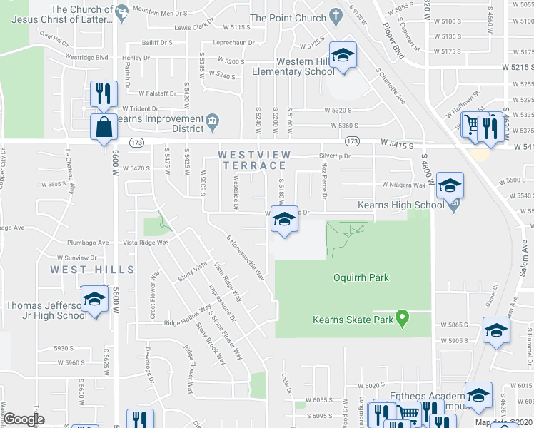 map of restaurants, bars, coffee shops, grocery stores, and more near 5581 South Sarah Jane Drive in Kearns