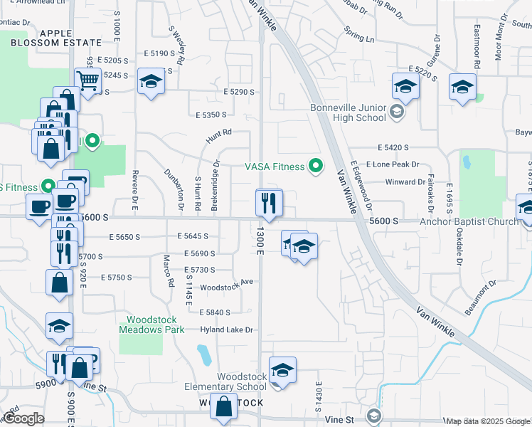 map of restaurants, bars, coffee shops, grocery stores, and more near 5588 South Farm Hill Drive in Salt Lake City