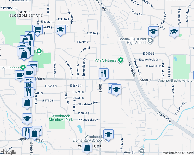 map of restaurants, bars, coffee shops, grocery stores, and more near 1278 East Brockway Circle in Millcreek