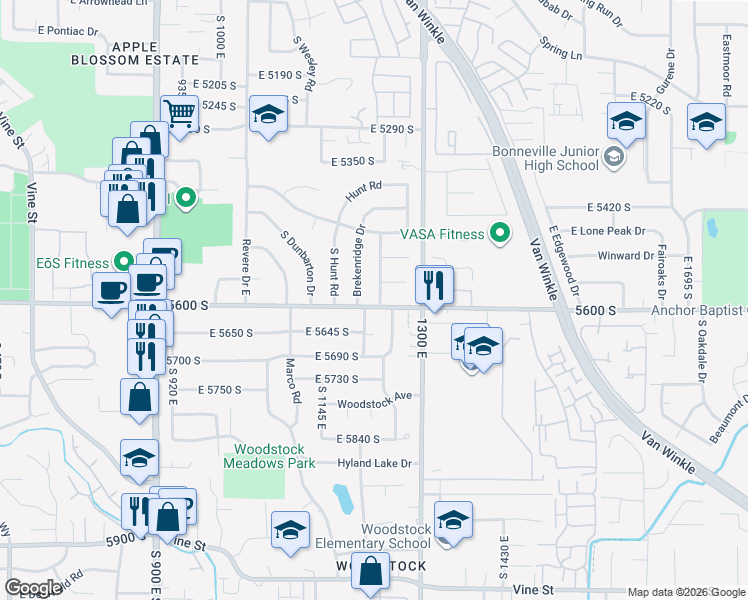 map of restaurants, bars, coffee shops, grocery stores, and more near 5562 South Brockway Street in Salt Lake City
